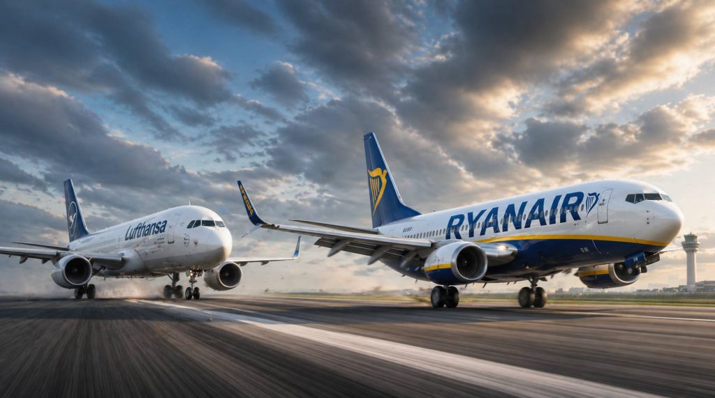 Lufthansa utasszállító repülőgép követ szorosan egy Ryanair gépet a futópályán, szimbolizálva a hagyományos és fapados modellek találkozását a 2026-os légi válságban.
