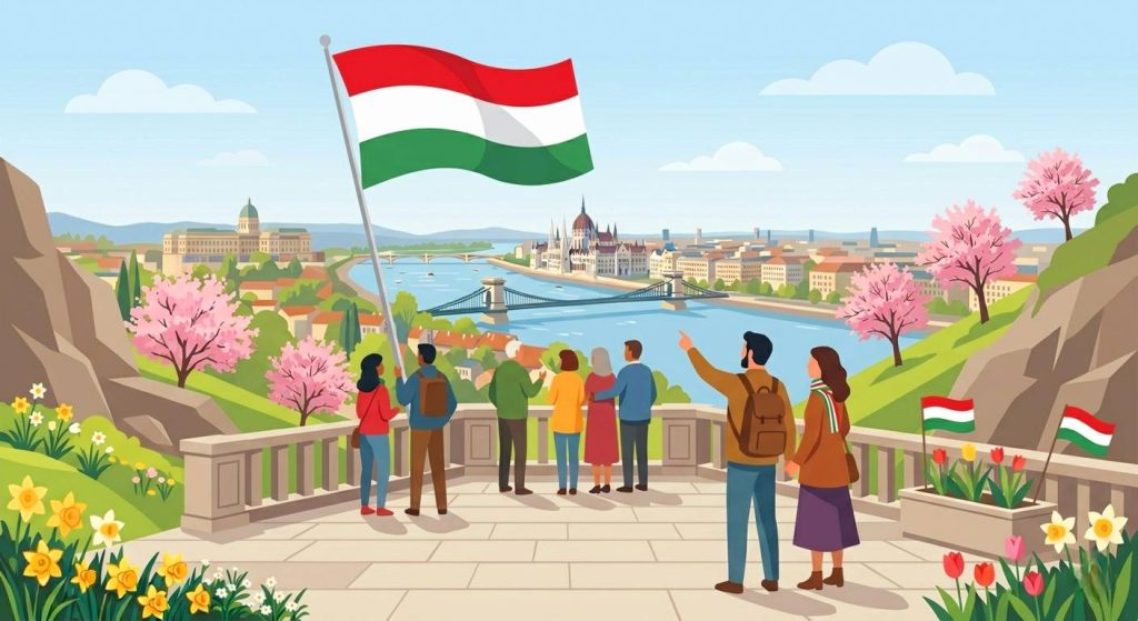 Illusztráció: Hazatérő magyar választók nézik a budapesti panorámát a Parlamenttel és a Lánchíddal a Gellért-hegyről a 2026-os választások idején, egy nagy magyar zászló mellett.